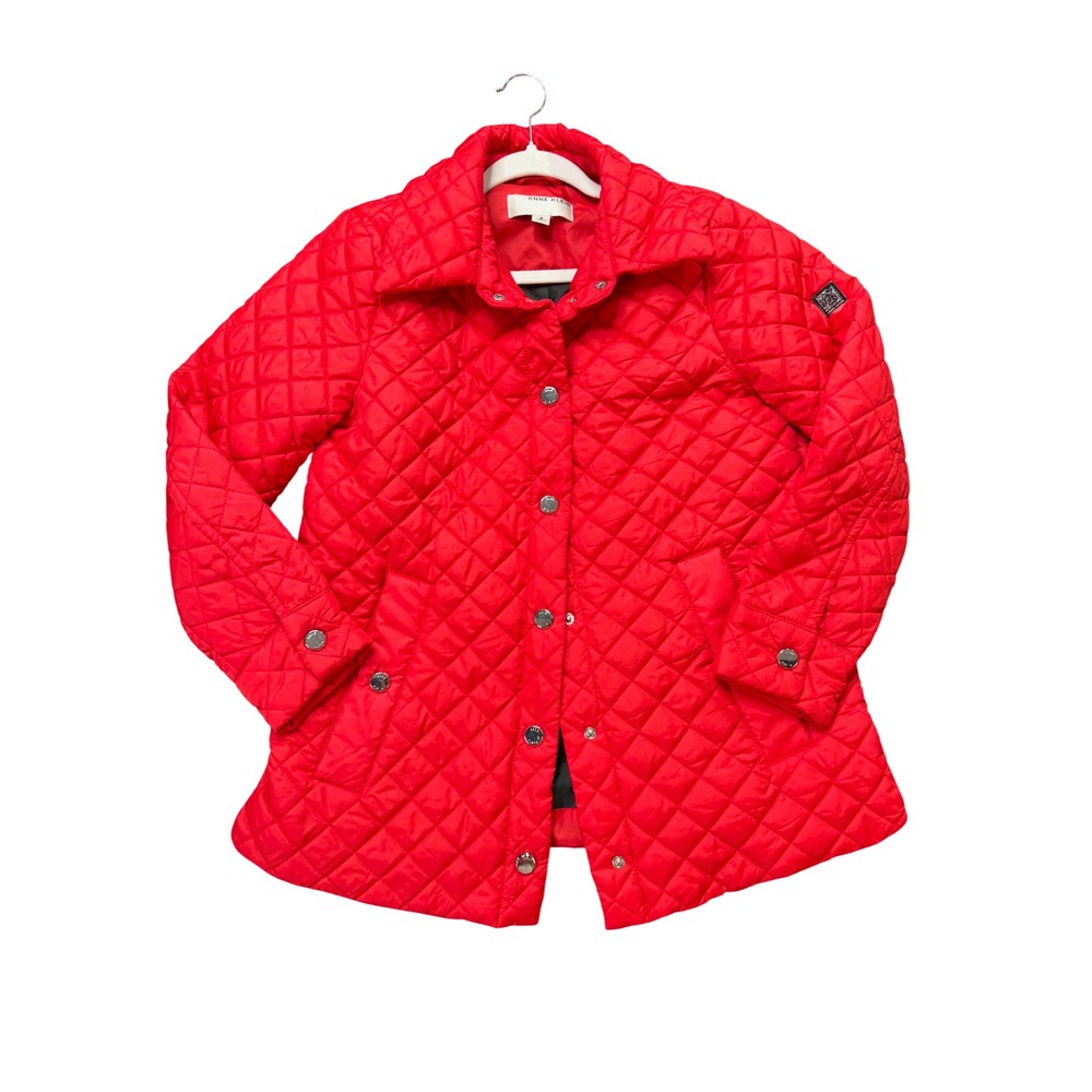 Anne Klein Quilted Jacket Womens Small Red Excellent Snap Front Barn Coat
